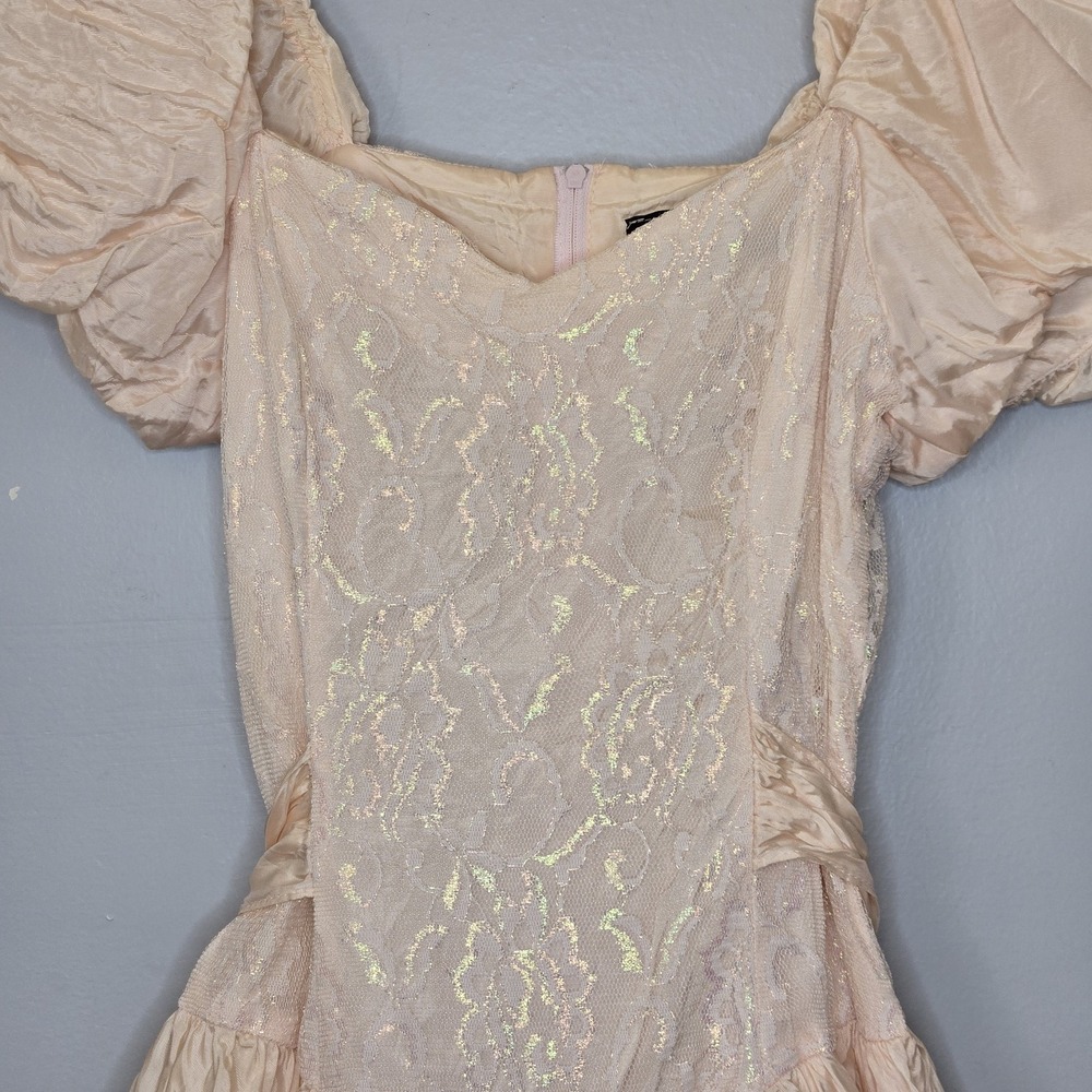 Vtg 80s Mayvens of California Iridescent Peach Pink Lace Puff Sleeve Prom Dress - Picture 3 of 14